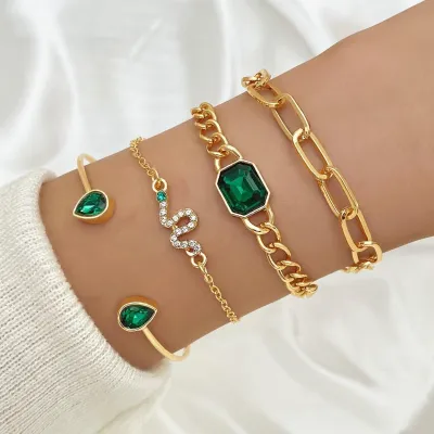 4pcs Green Gemstone Snake Bracelet Set